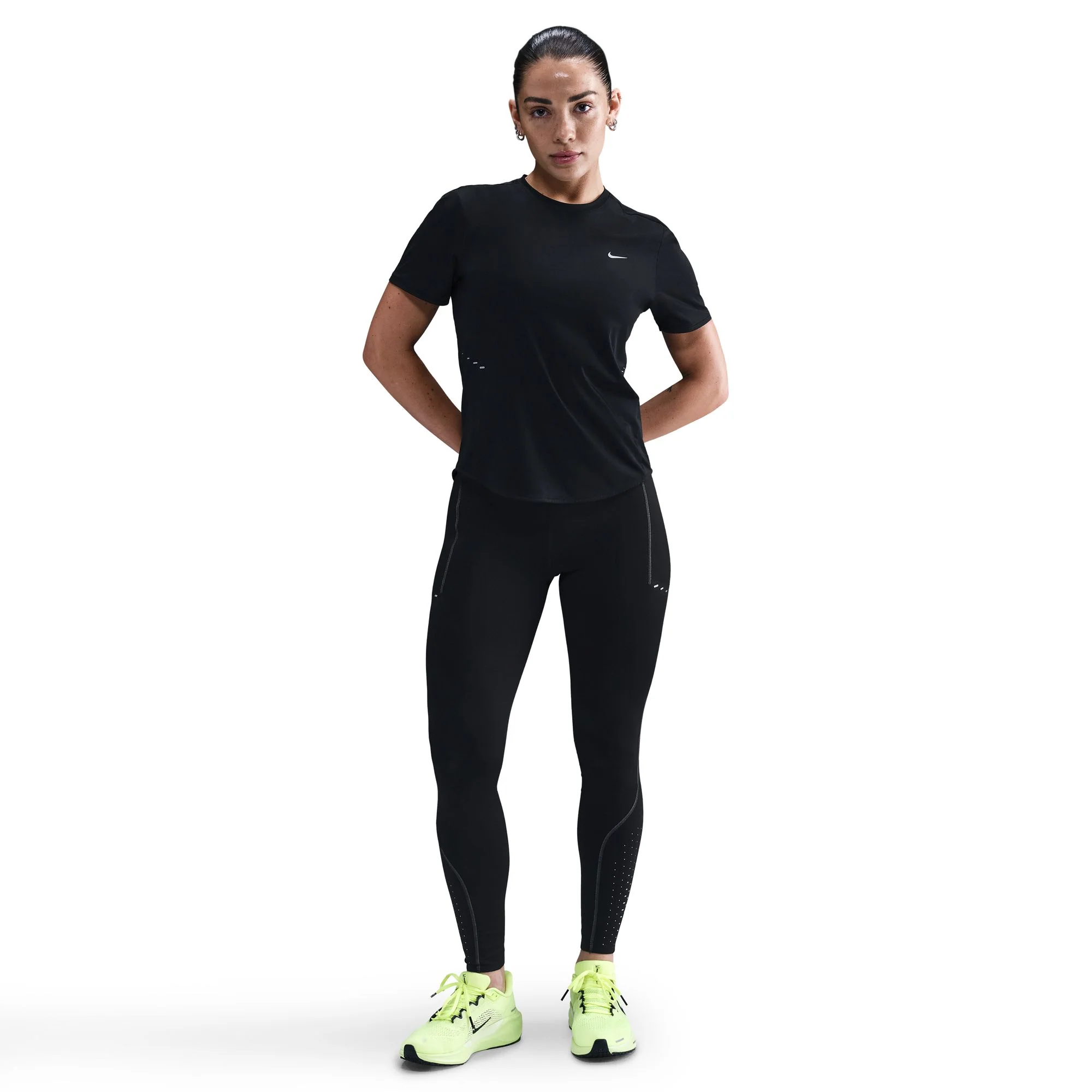 Women's Swift High-Waisted 7/8 Running Leggings w/ Reflective Accents (010 - Black/Dark Smoke Grey) - Image 2