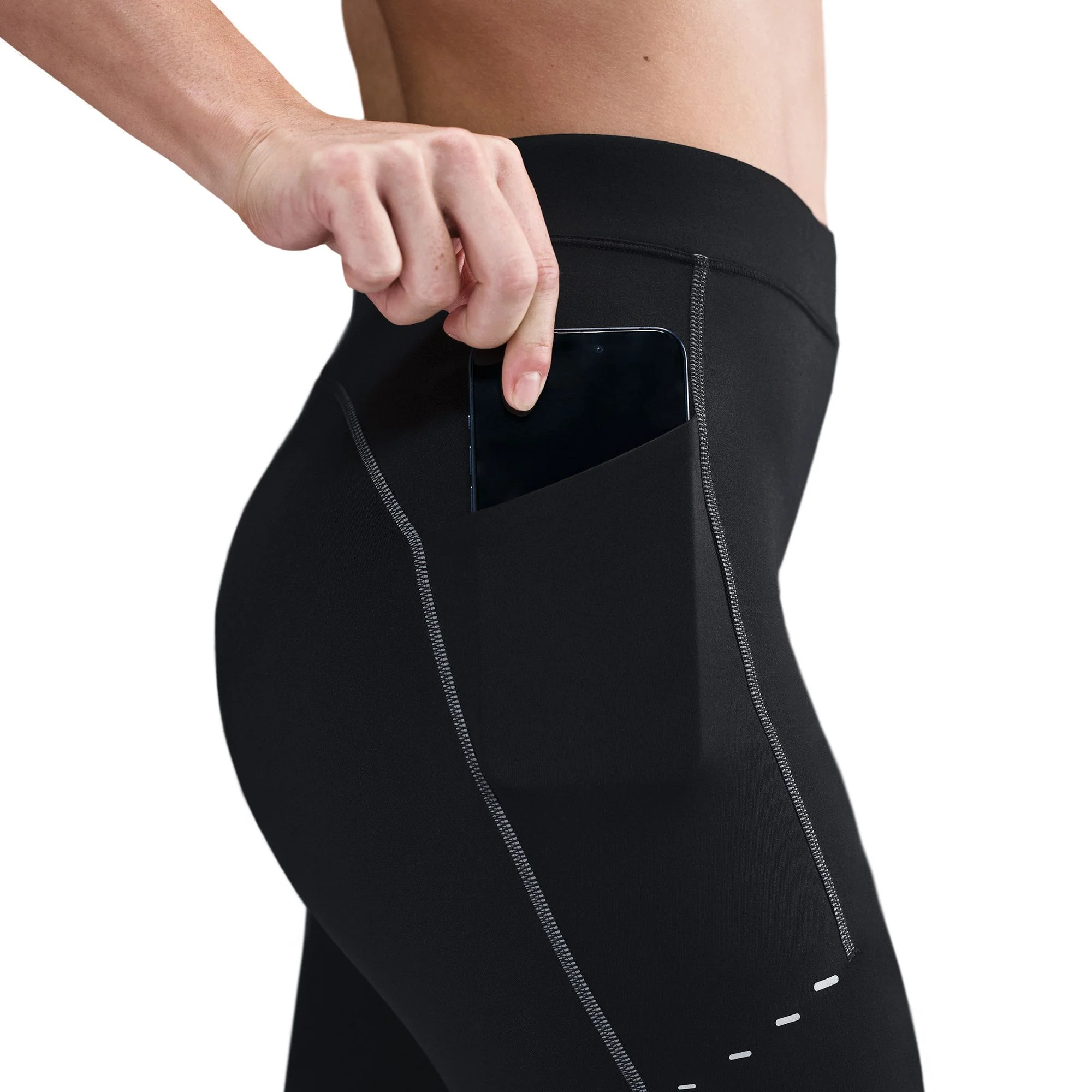 Women's Swift High-Waisted 7/8 Running Leggings w/ Reflective Accents (010 - Black/Dark Smoke Grey) - Image 5